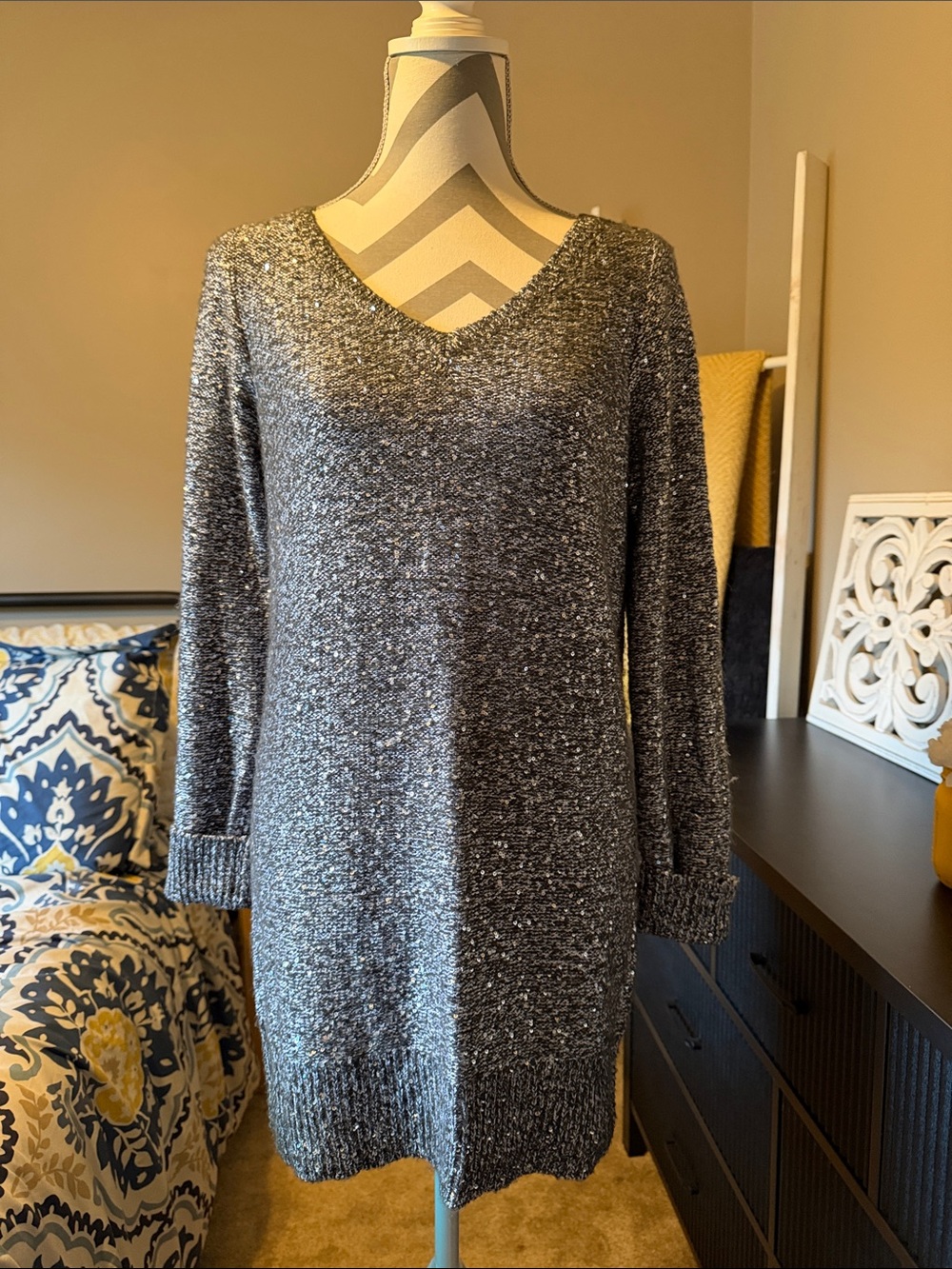 White House Black Market Silver-Gray Metallic V-Neck Sweater Dress